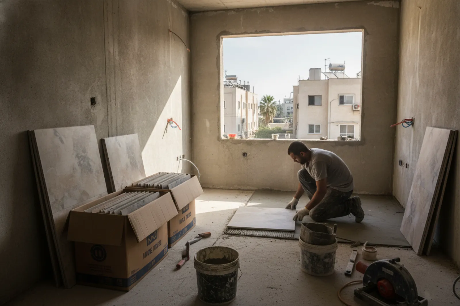 בעל מקצוע מניח אריחי ריצוף בדירה בשיפוץ